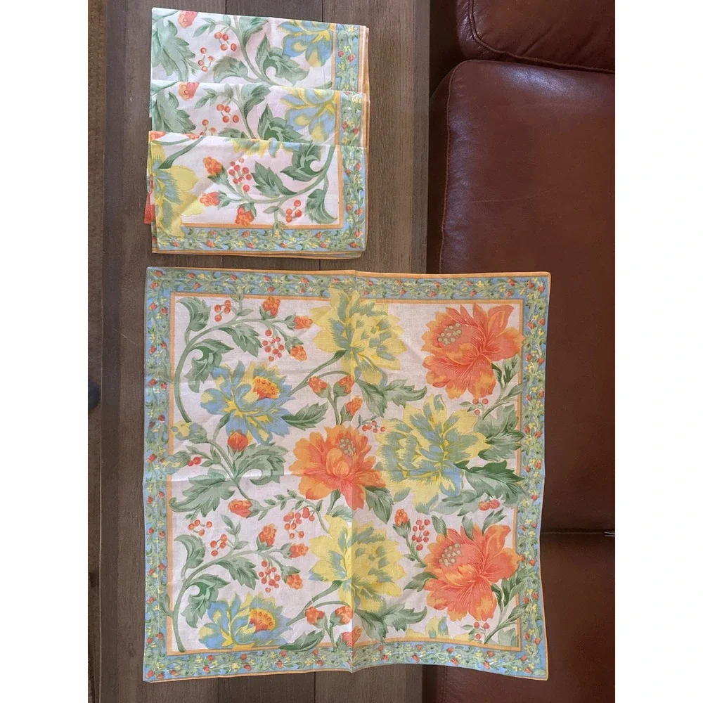 Vintage Style Floral Cotton Napkins Set of 4 Orange Blue Yellow Botanical Print